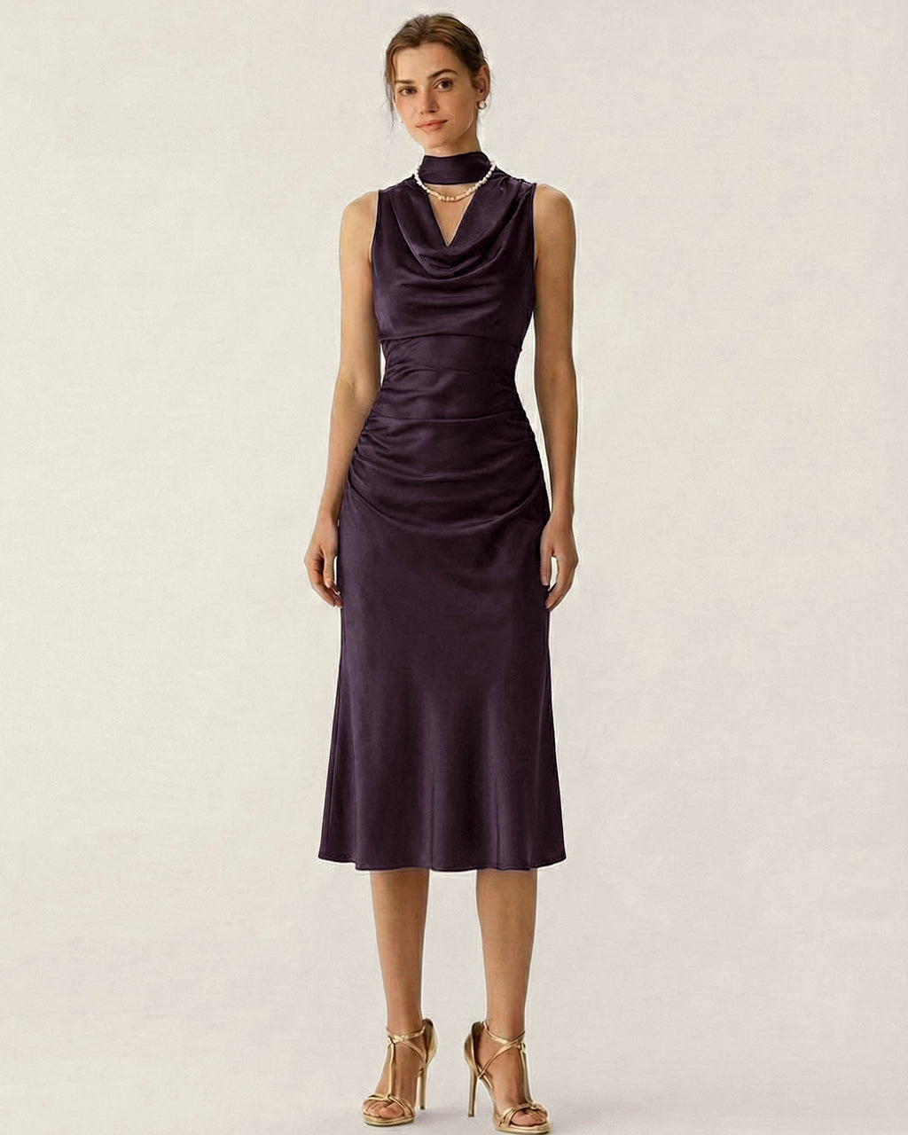 Purple Cowl Neck Mermaid Satin Midi Dress