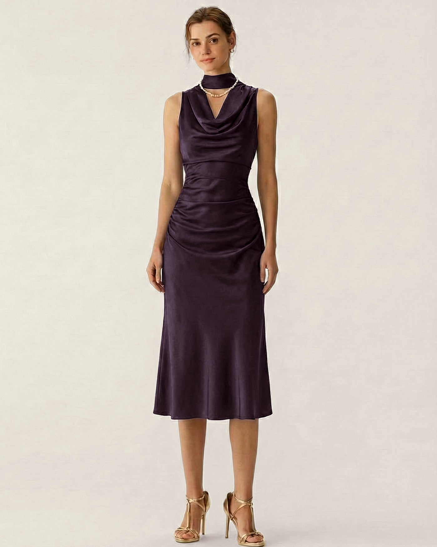 Purple Cowl Neck Mermaid Satin Midi Dress