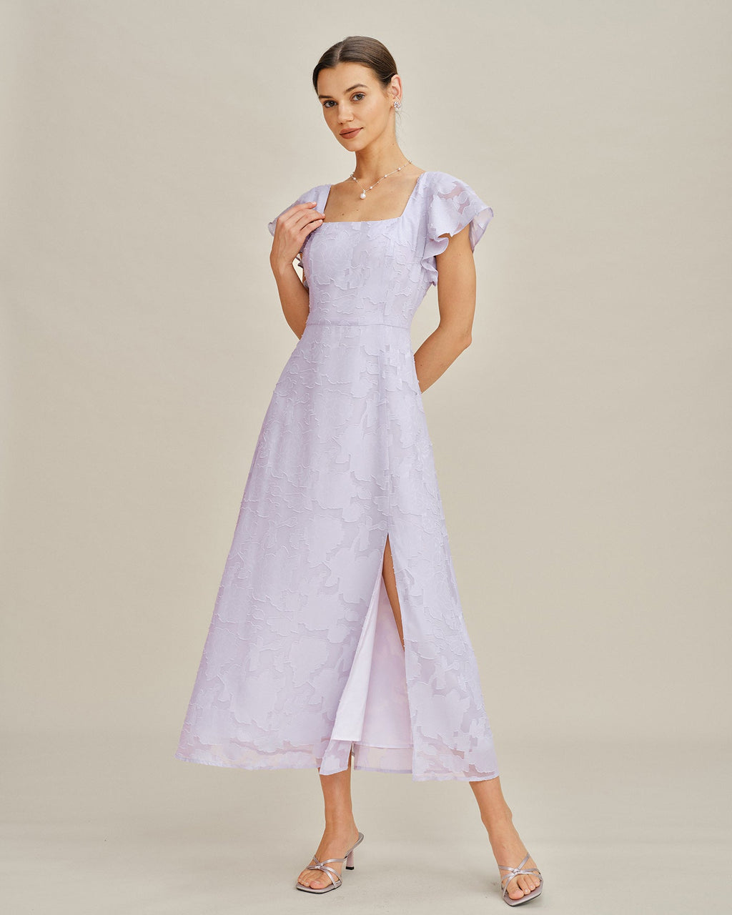 Purple Square Neck Jacquard Midi Dress