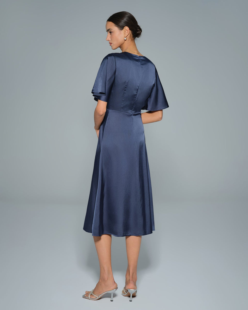 Navy V Neck Satin Midi Dress