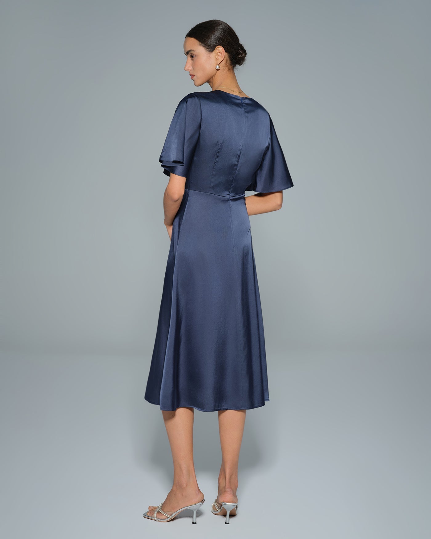 Navy V Neck Satin Midi Dress