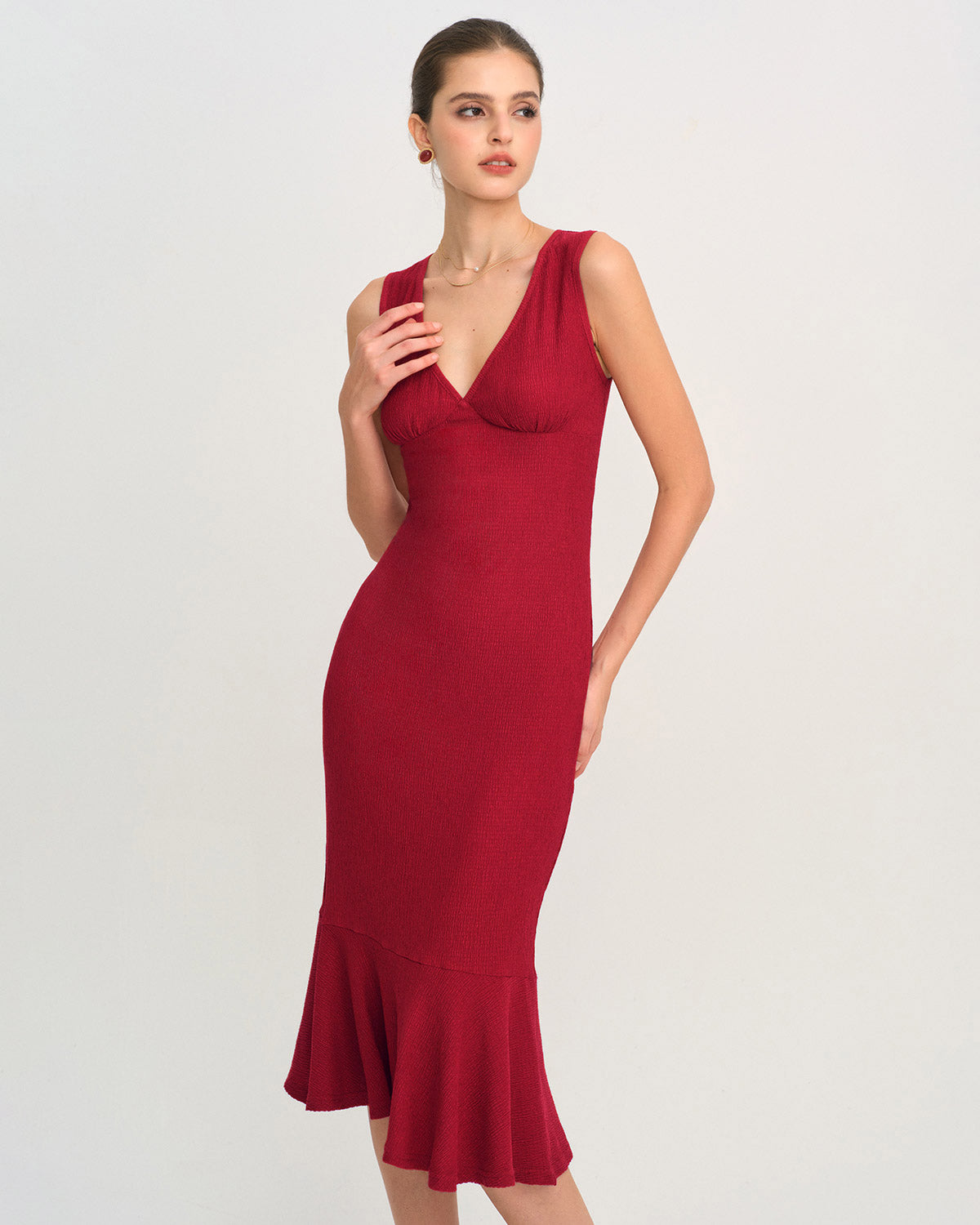 Red V Neck A-Line Midi Dress