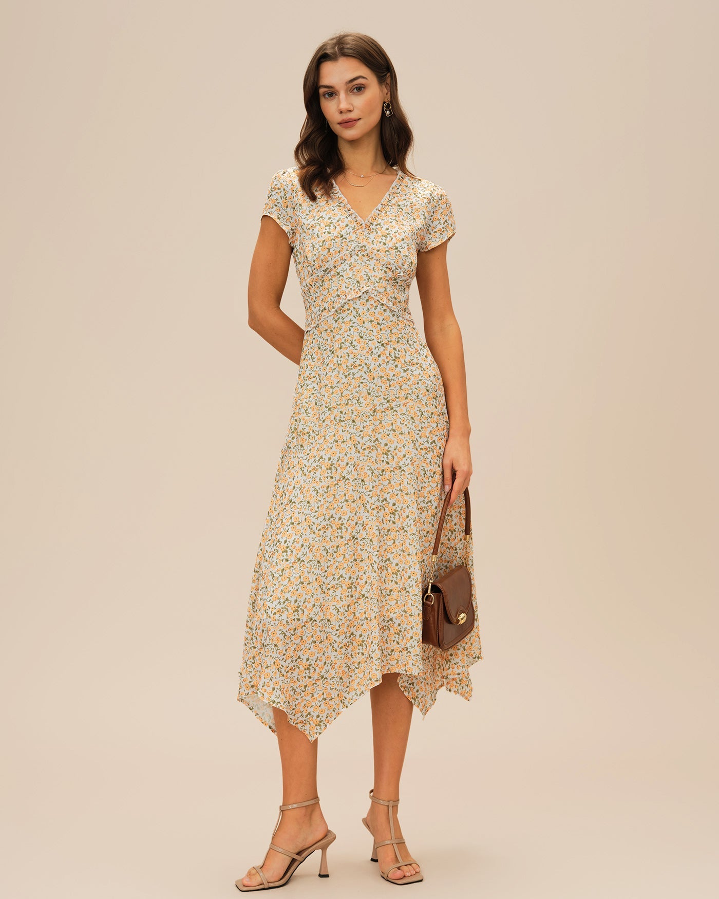 Yellow V Neck Floral Midi Dress
