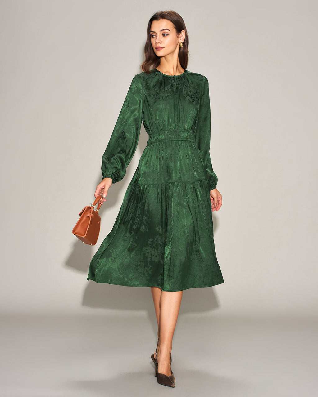 Green Jacquard Lantern Sleeve Midi Dress
