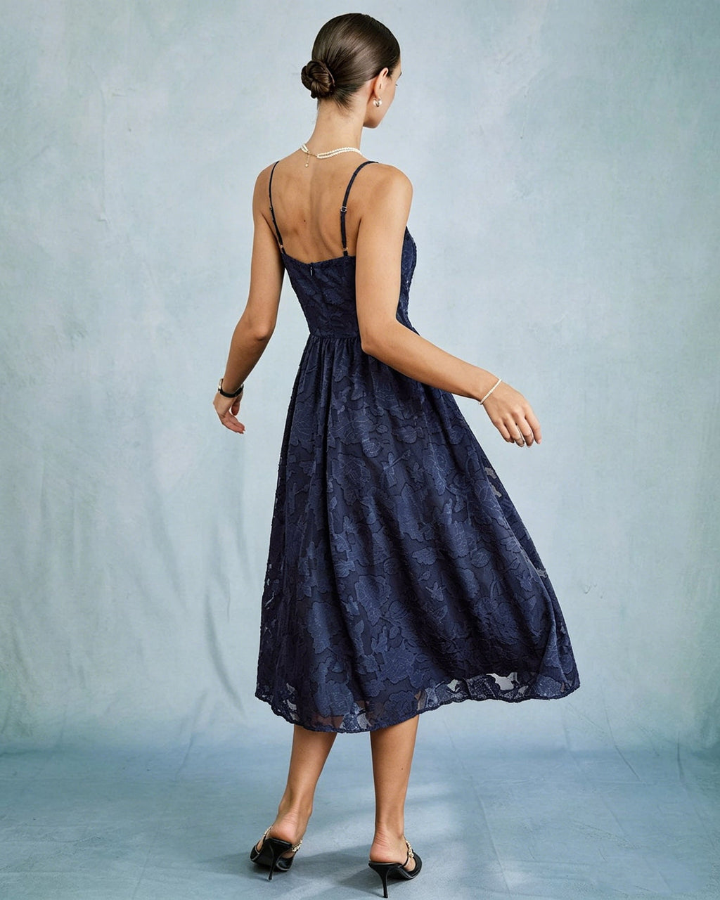 Blue Jacquard A-Line Slip Midi Dress