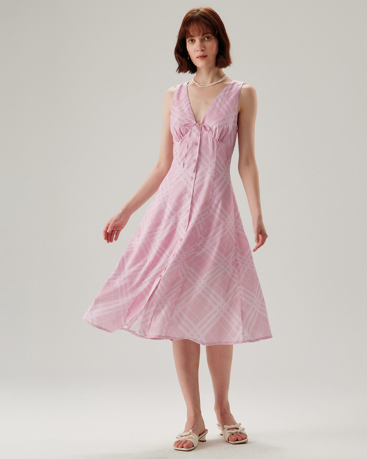 Pink Striped Sleeveless Midi Dress