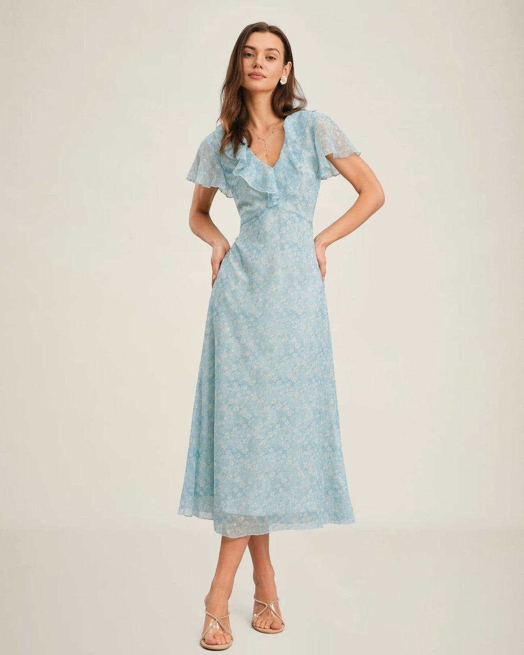 Blue V Neck Floral Ruffle Midi Dress