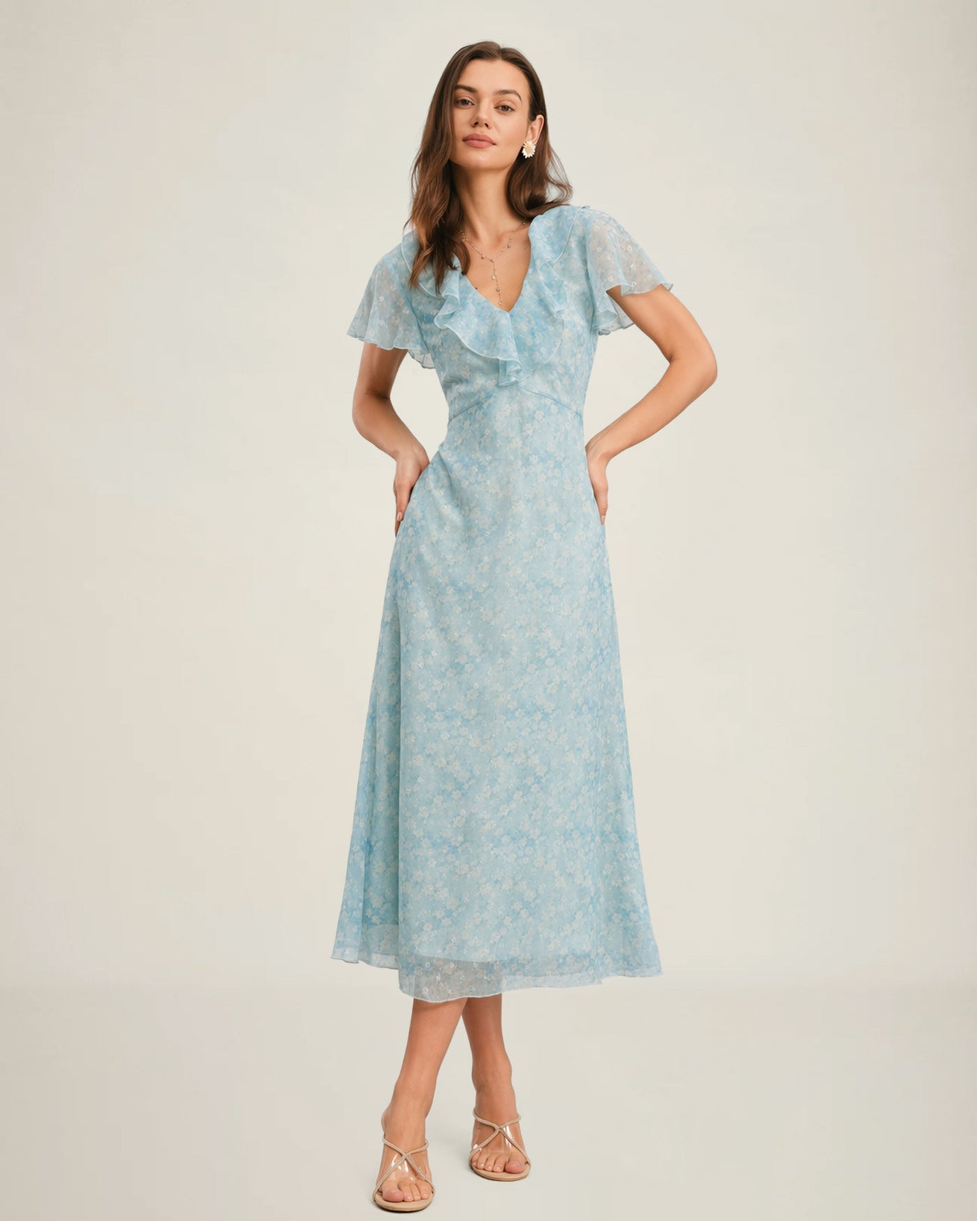 Blue V Neck Floral Ruffle Midi Dress