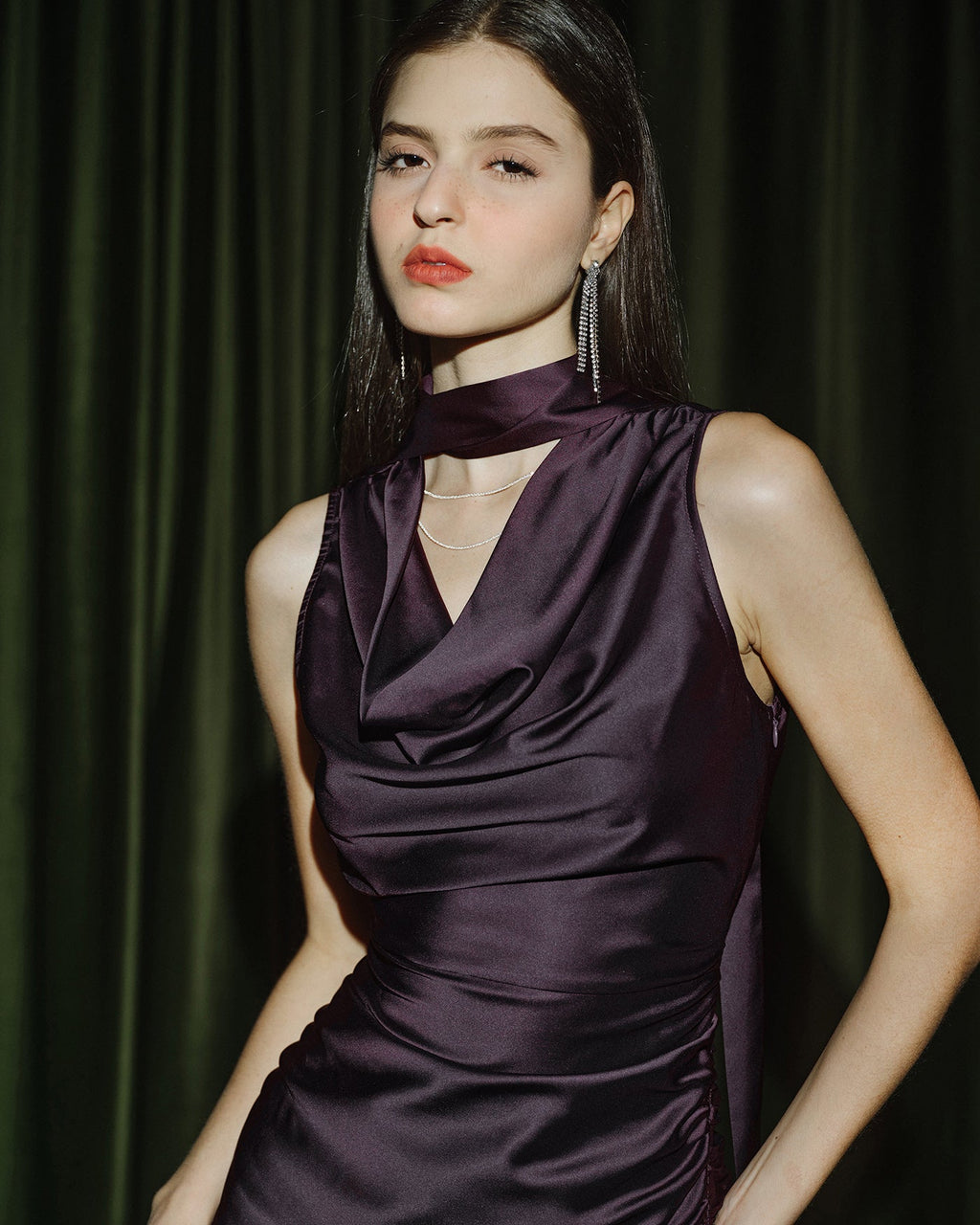 Purple Cowl Neck Mermaid Satin Midi Dress