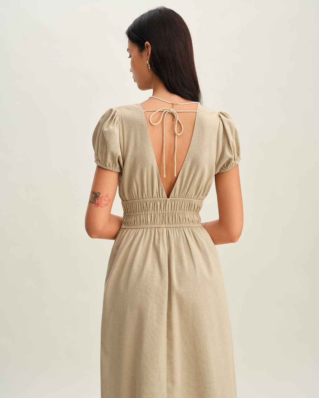 Beige Ruched Puffed Sleeve Midi Dress