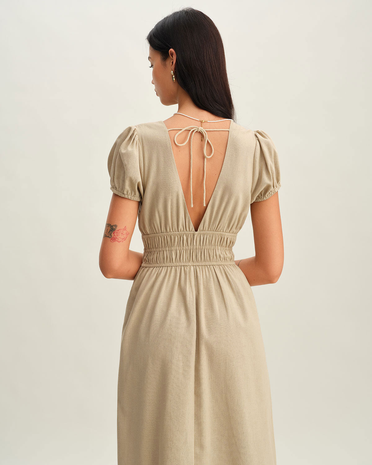 Beige Ruched Puffed Sleeve Midi Dress