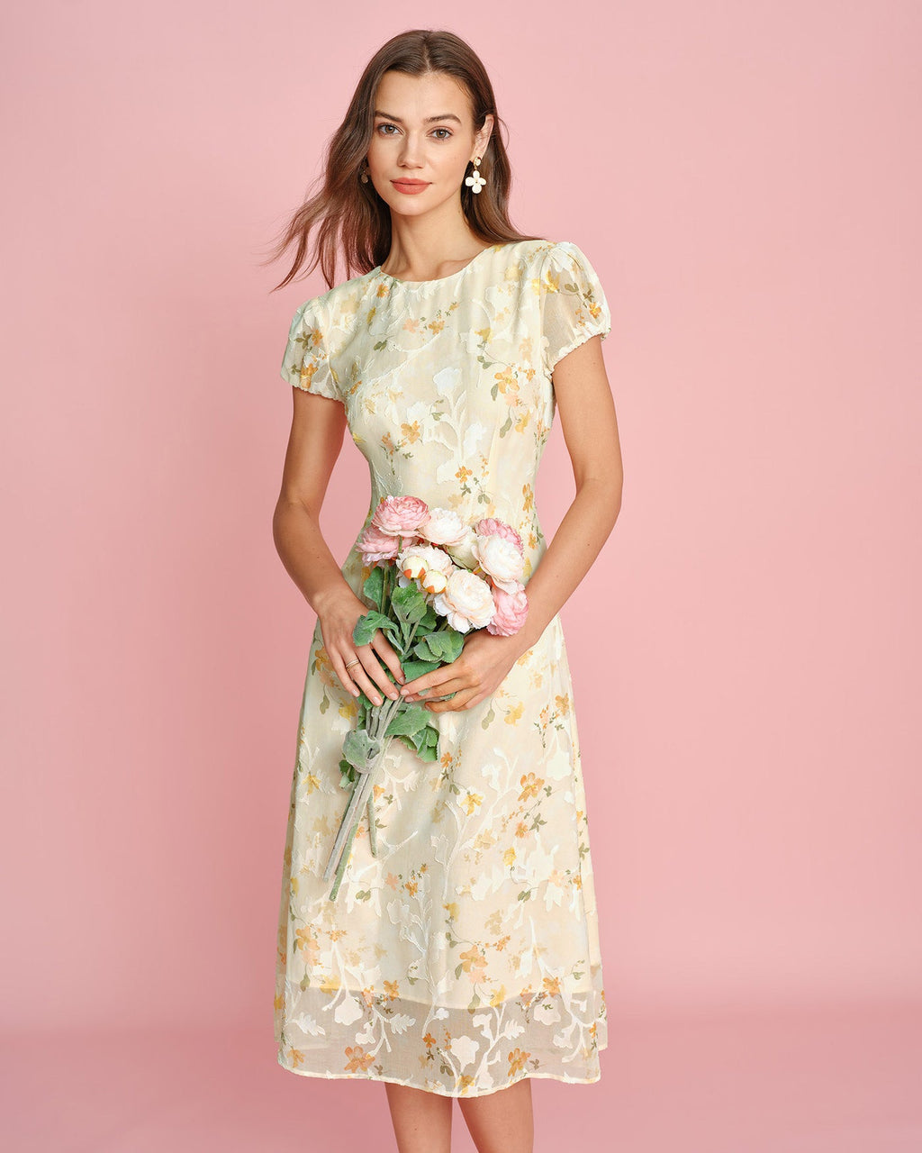 Yellow Puffed Sleeve Jacquard Midi Dress