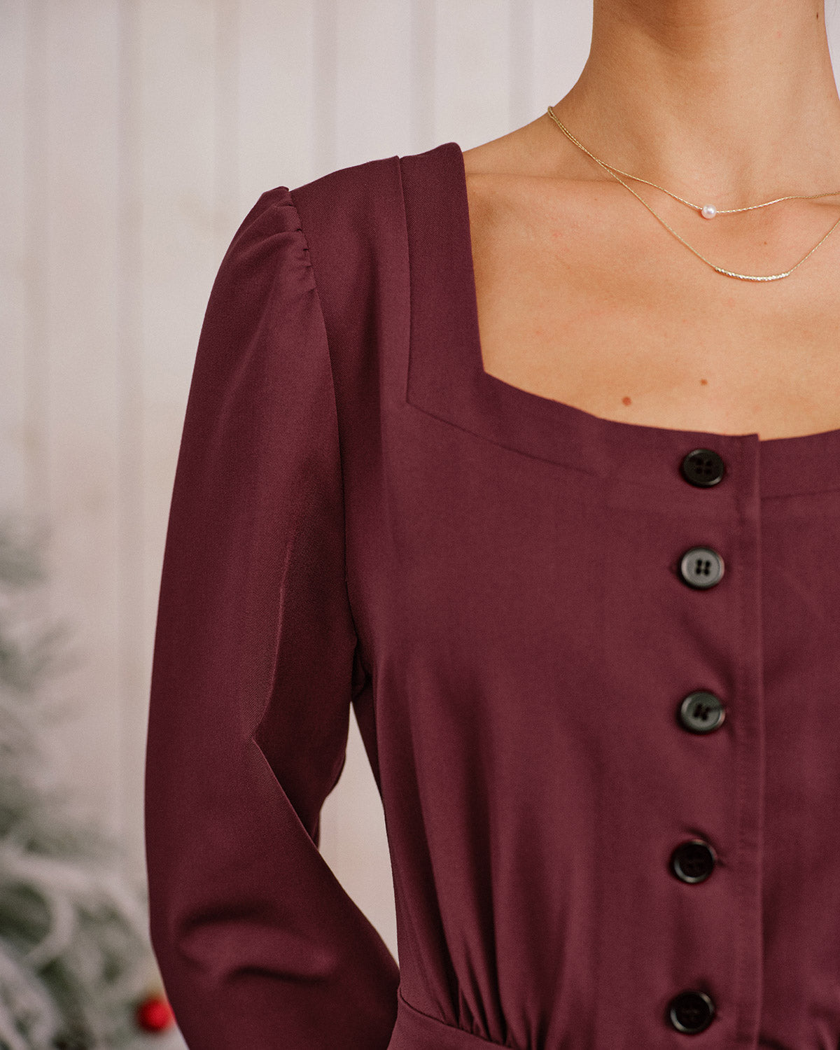 Wine Red Square Neck Button Midi Dress