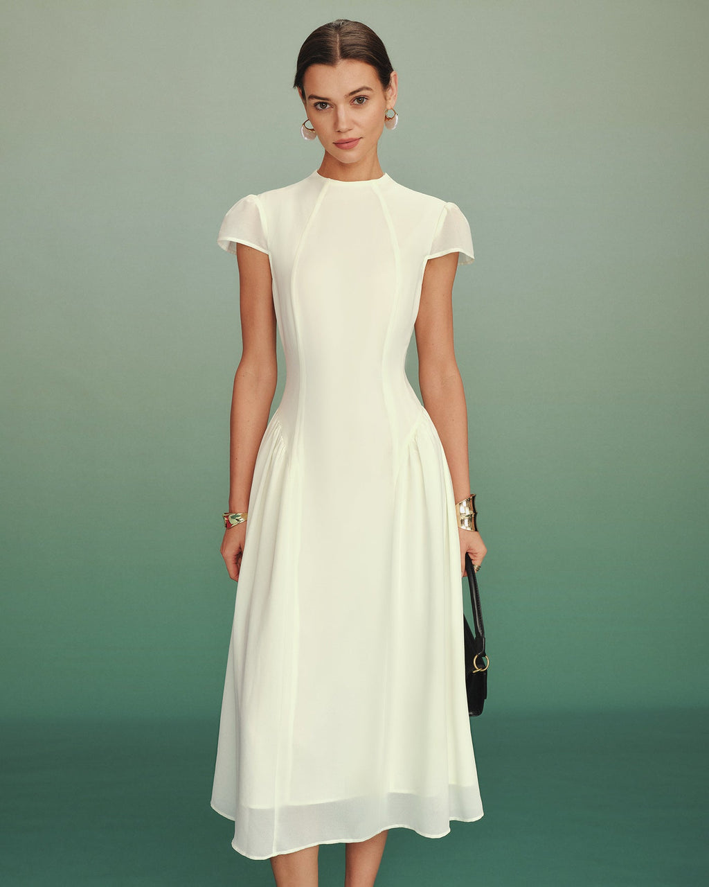 Apricot Mock Neck A-Line Midi Dress
