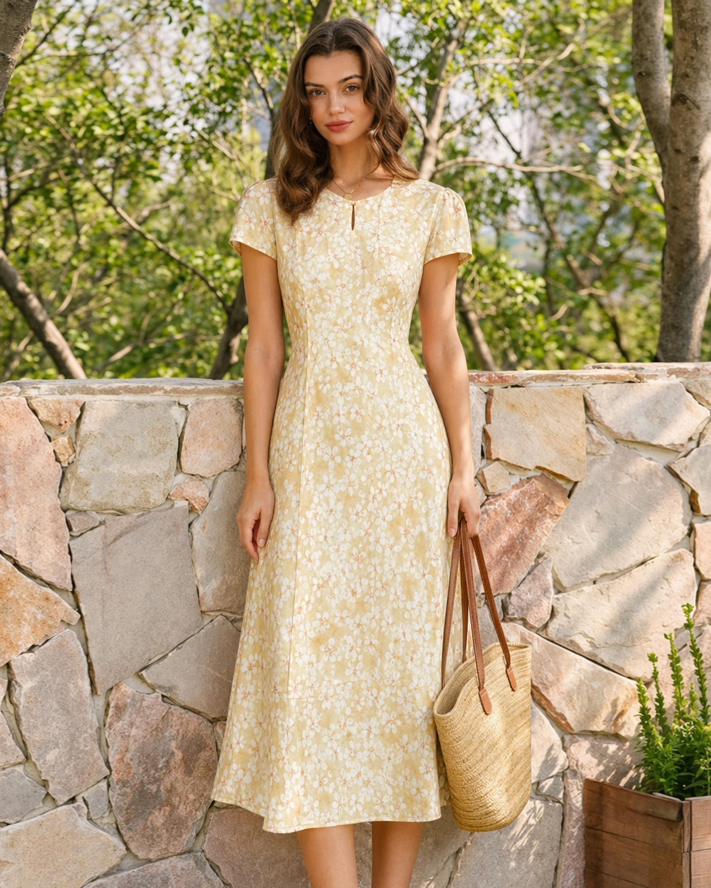 Yellow Cap Sleeve Floral Midi Dress