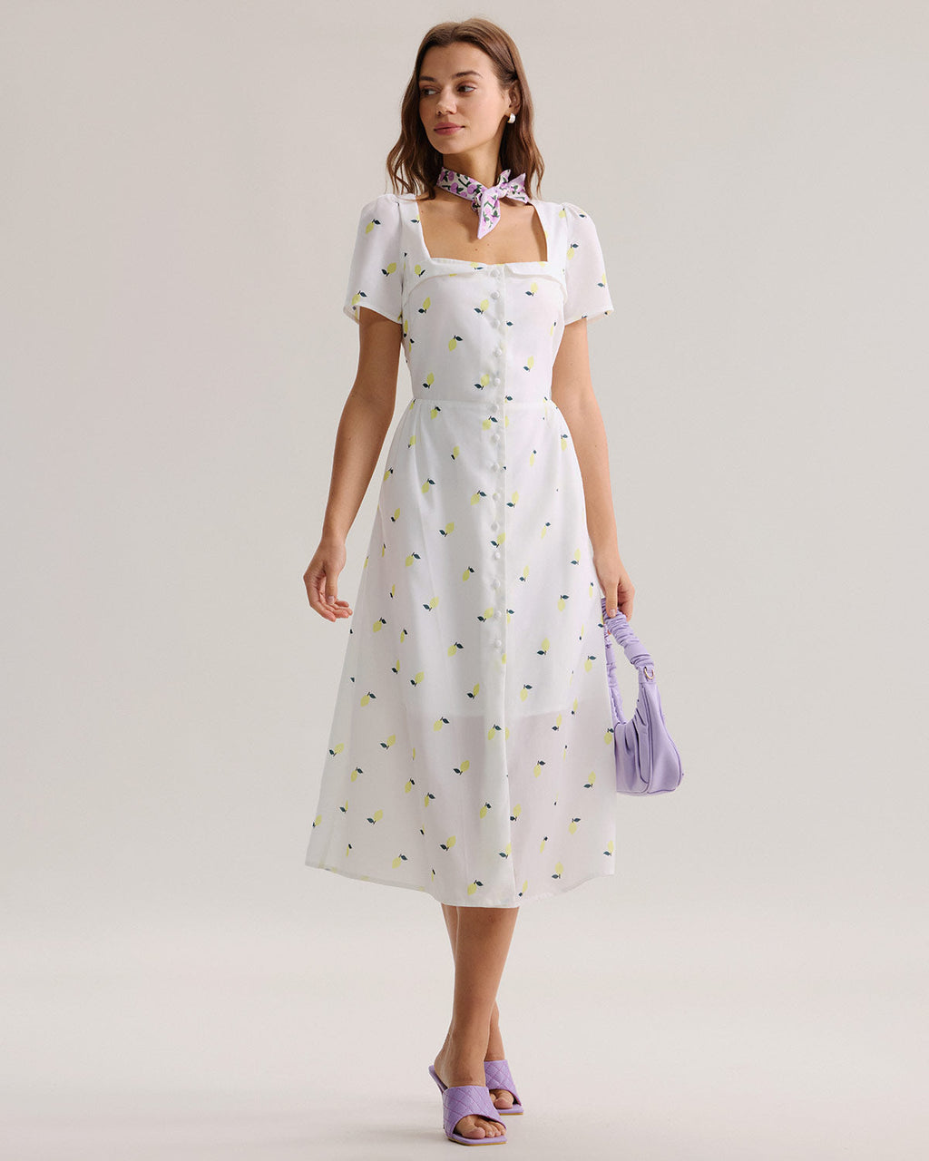 White Fruit Square Neck Midi Dress