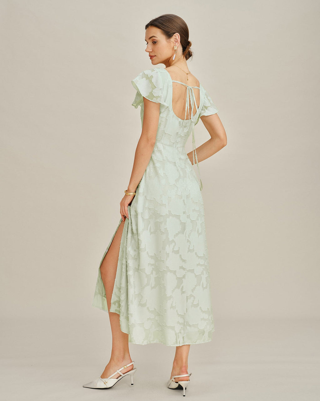 Green Square Neck Floral Textured Midi Dress