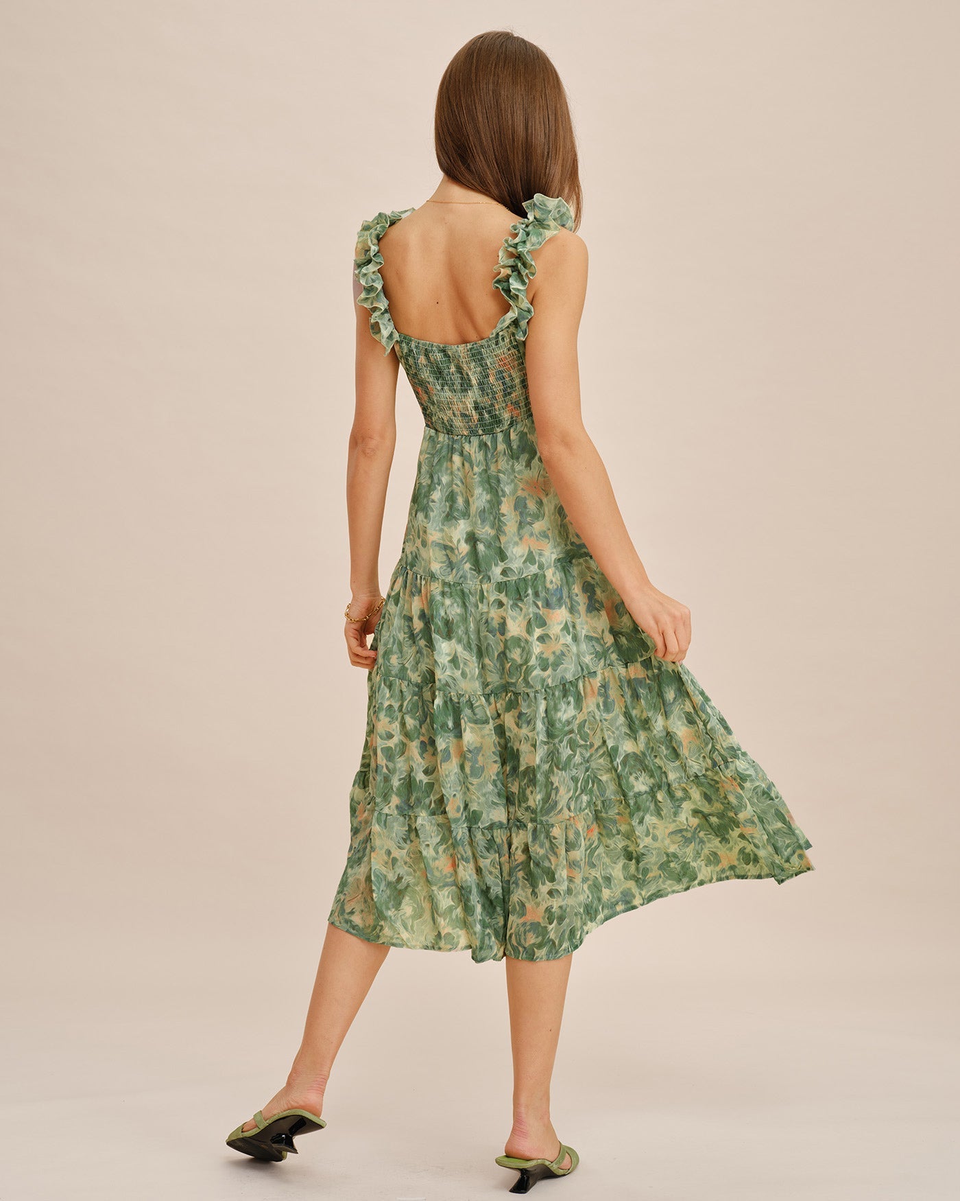 Green Shirred Sleeveless Midi Dress
