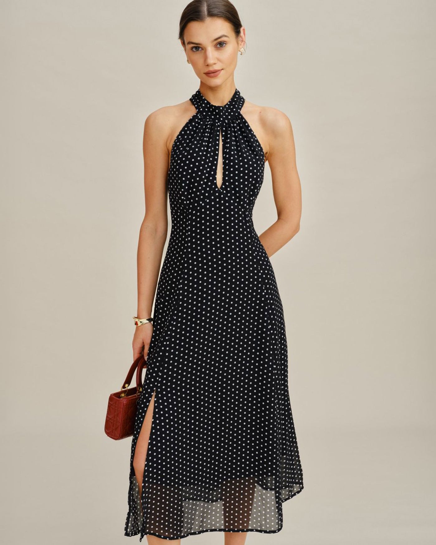 Black Polka Dot Halter Midi Dress