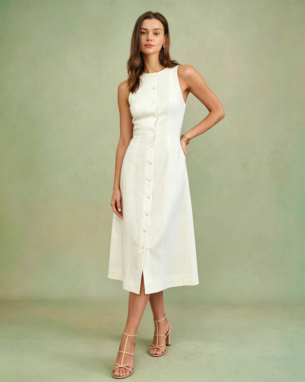 White Button Tie Tunic Midi Dress