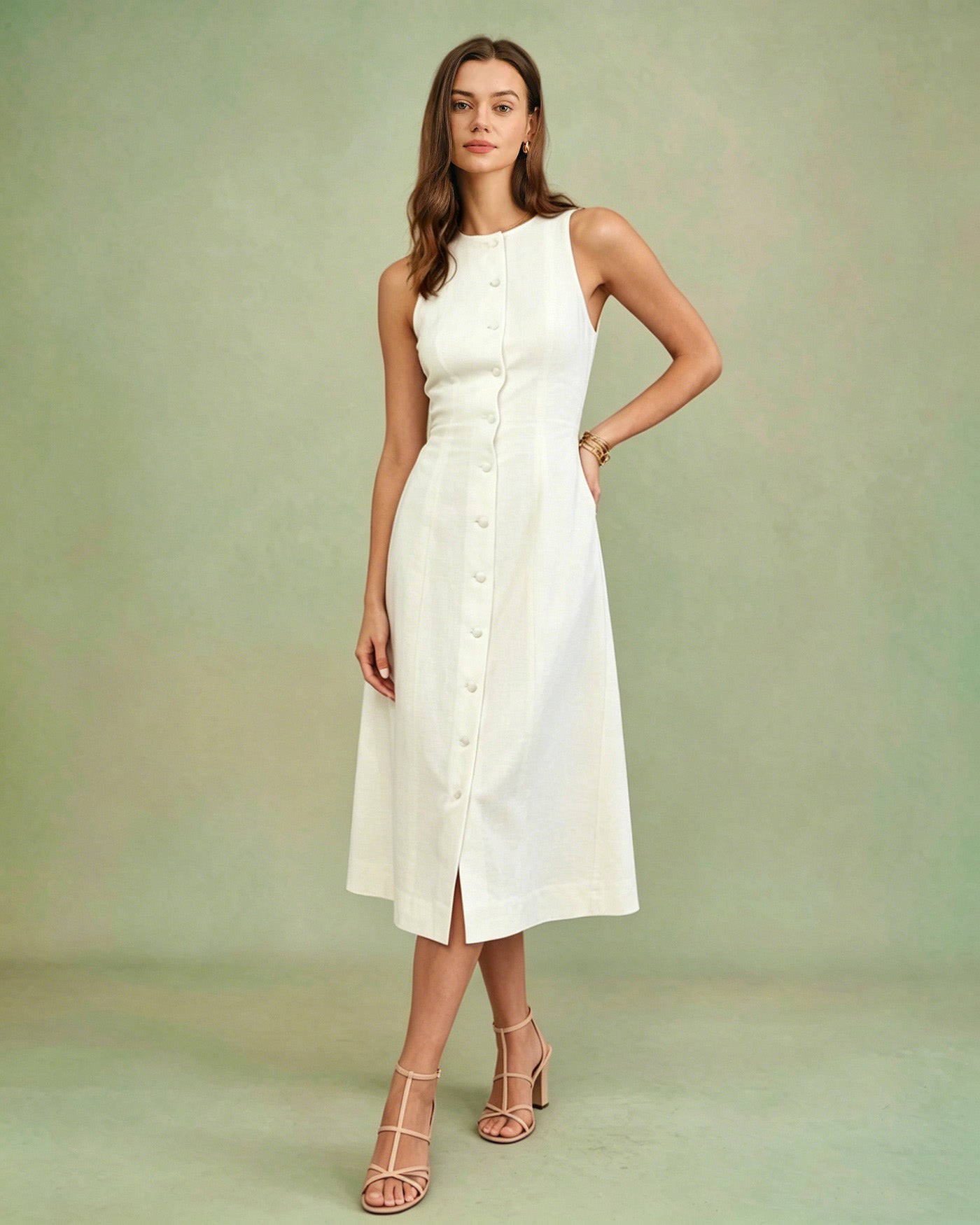 White Button Tie Tunic Midi Dress