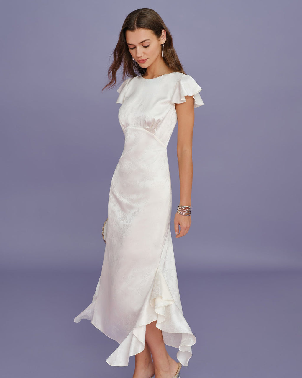 Beige Boat Neck Jacquard Ruffle Midi Dress