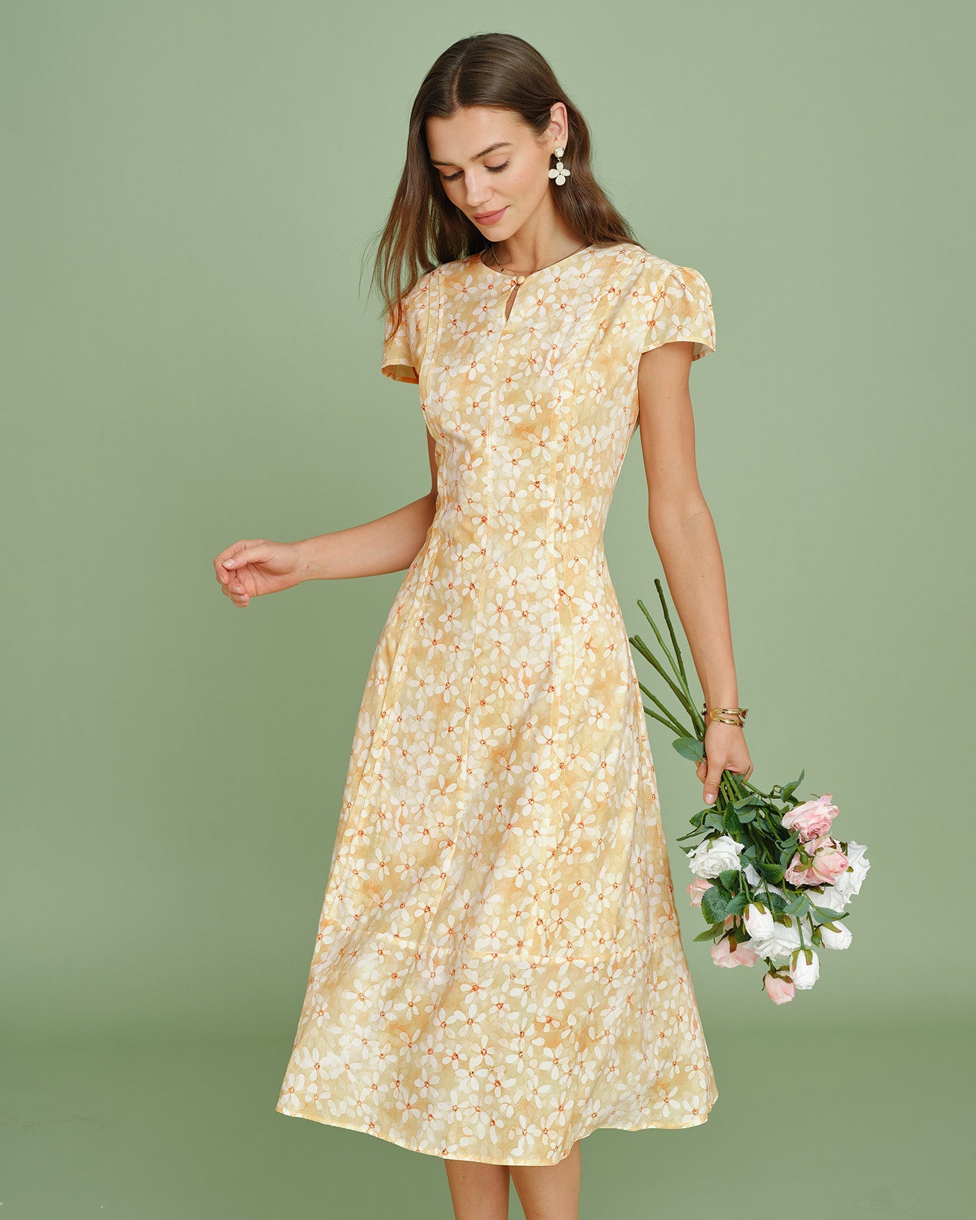 Yellow Cap Sleeve Floral Midi Dress