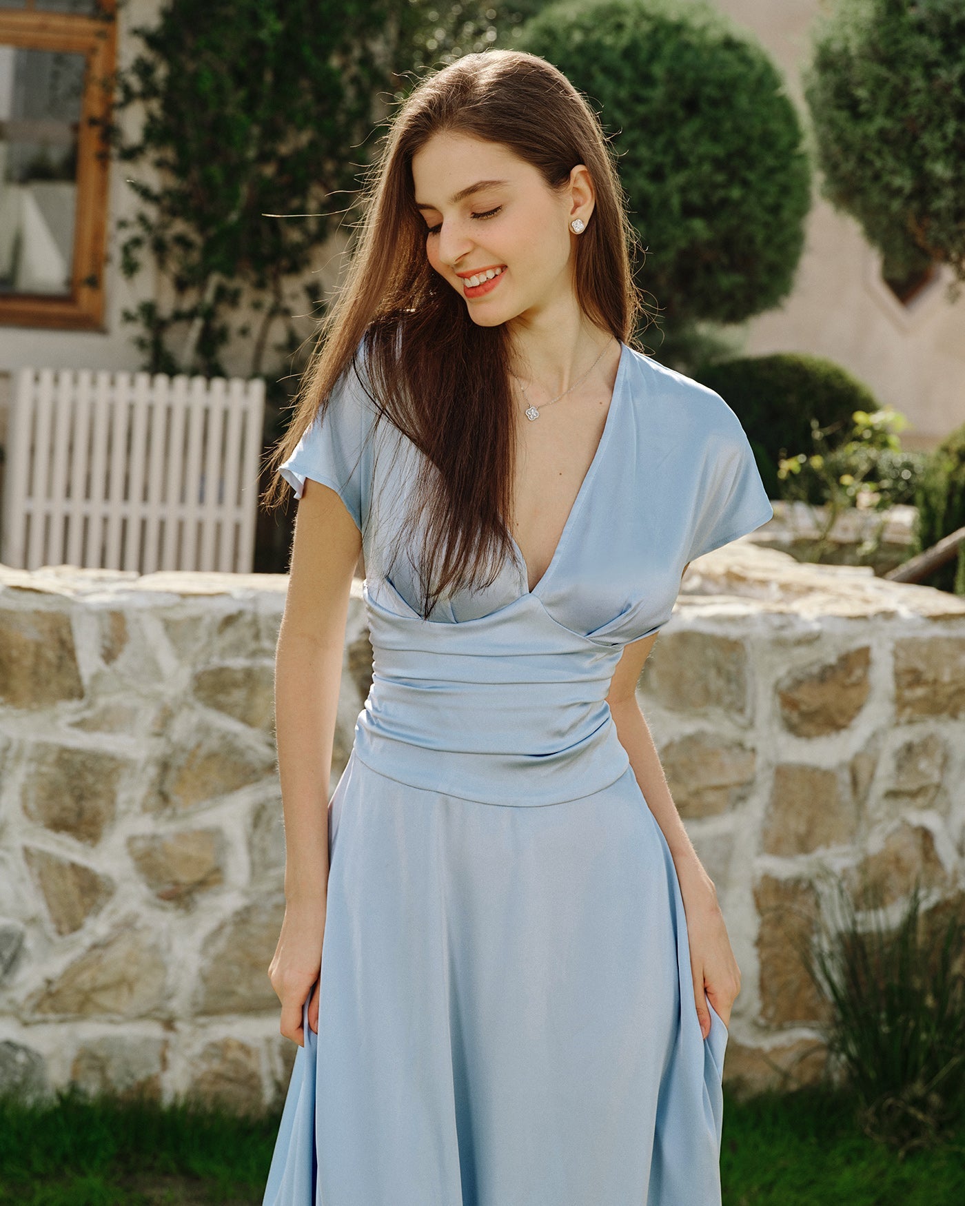Blue Drop Shoulder Pleated Midi Dress
