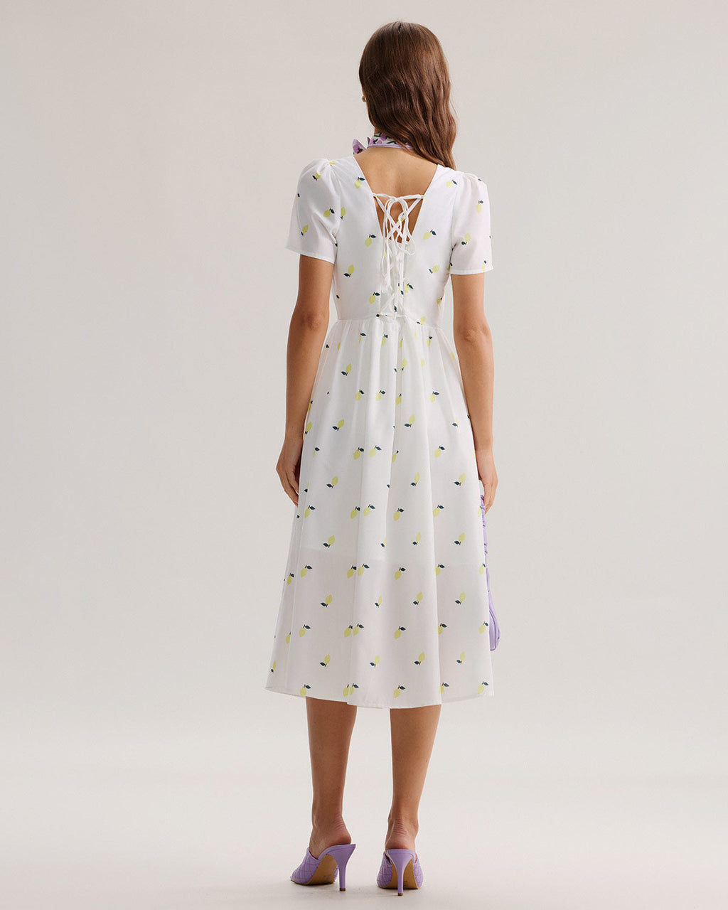 White Fruit Square Neck Midi Dress