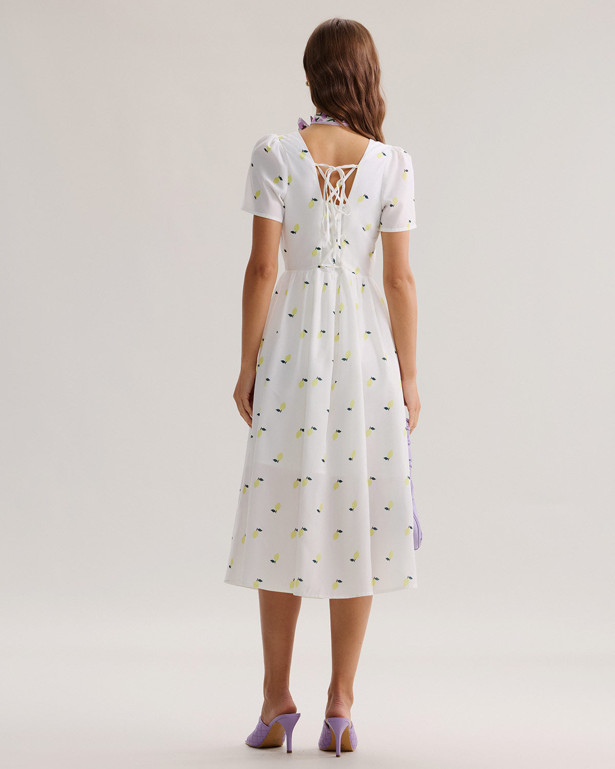 White Fruit Square Neck Midi Dress