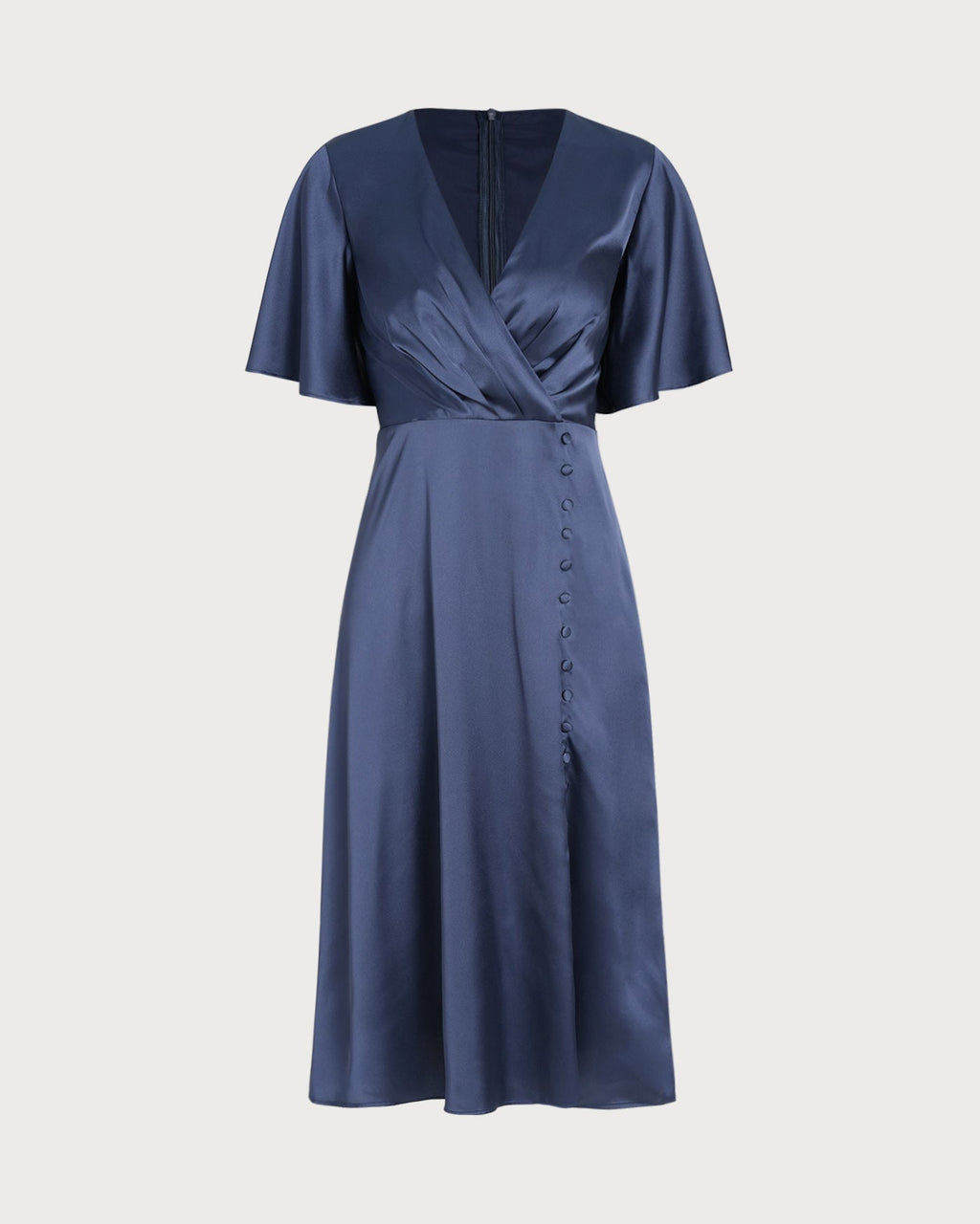 Navy V Neck Satin Midi Dress