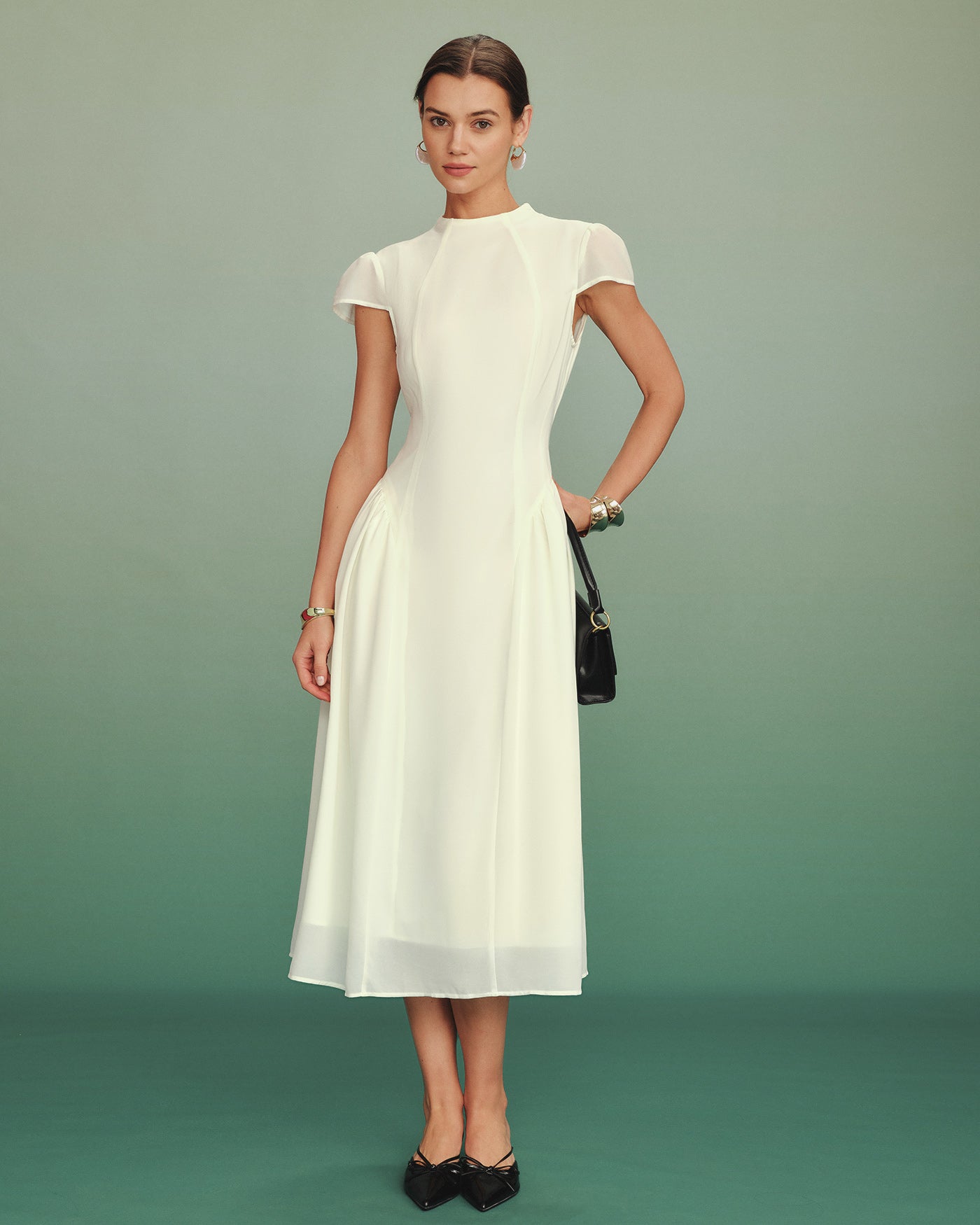 Apricot Mock Neck A-Line Midi Dress