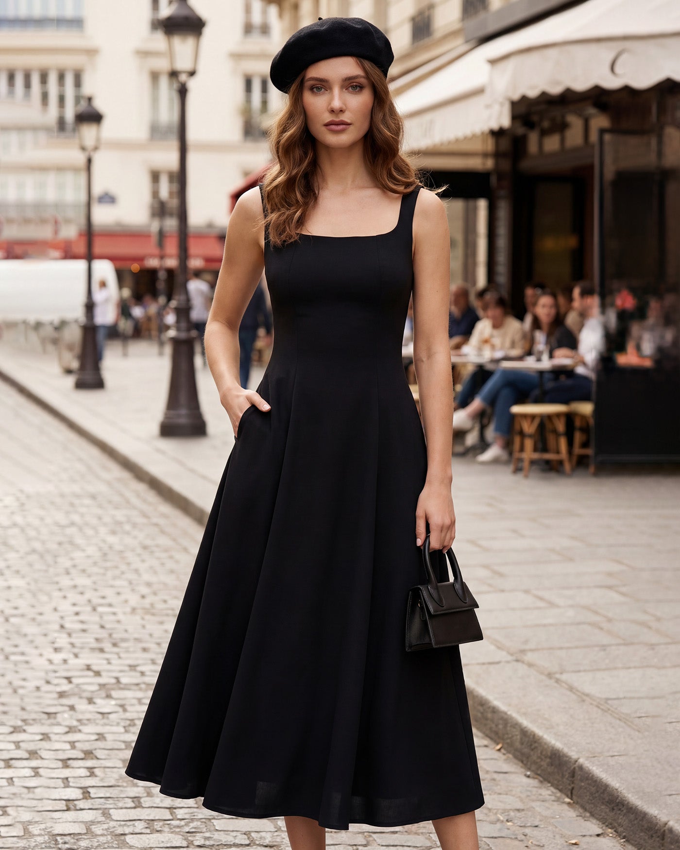 Black Solid Zipper Slip Midi Dress