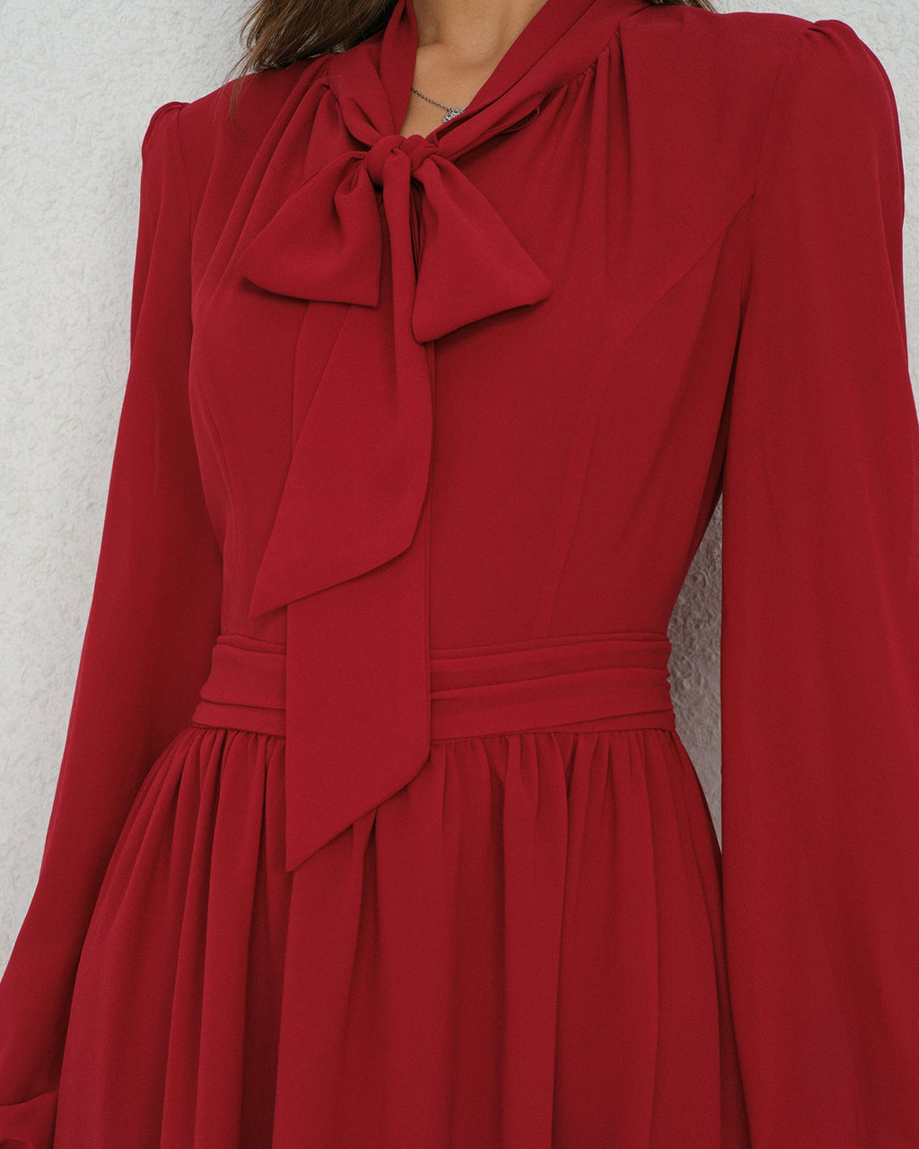 Wine Red Lantern Sleeve Chiffon Midi Dress