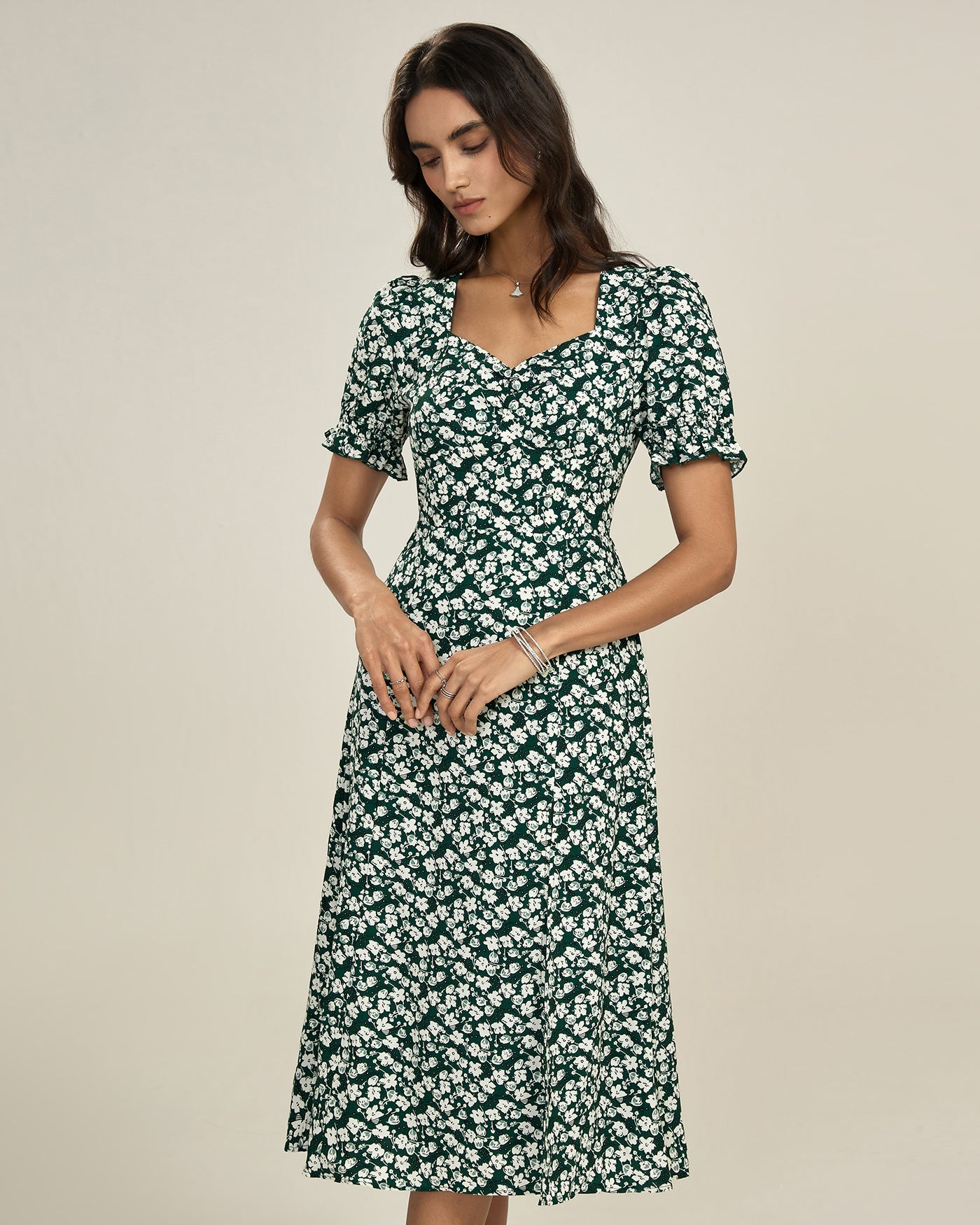 Green Floral V Neck Midi Dress