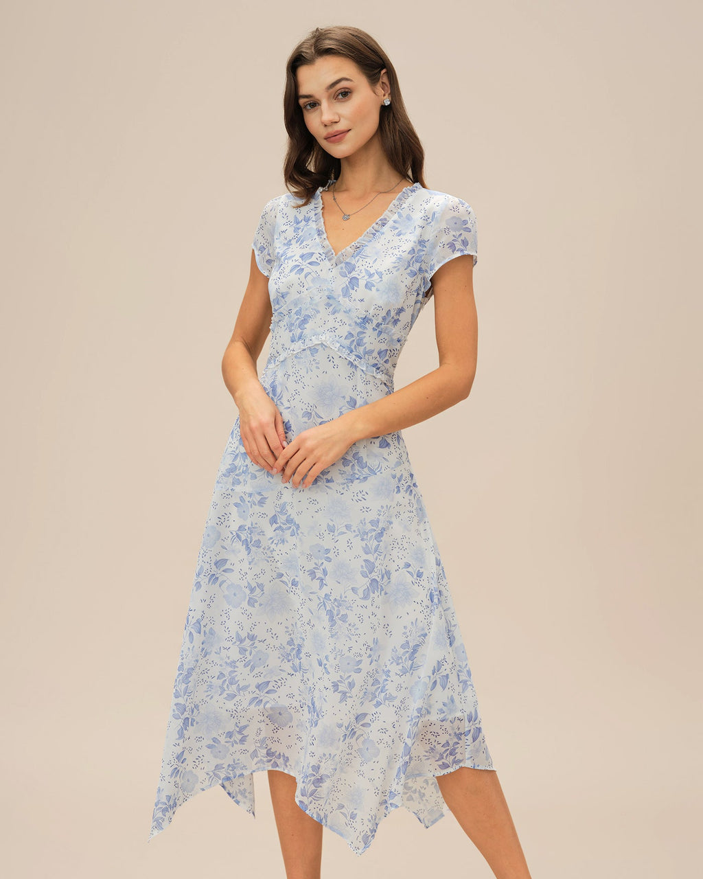 Blue V Neck Floral Midi Dress