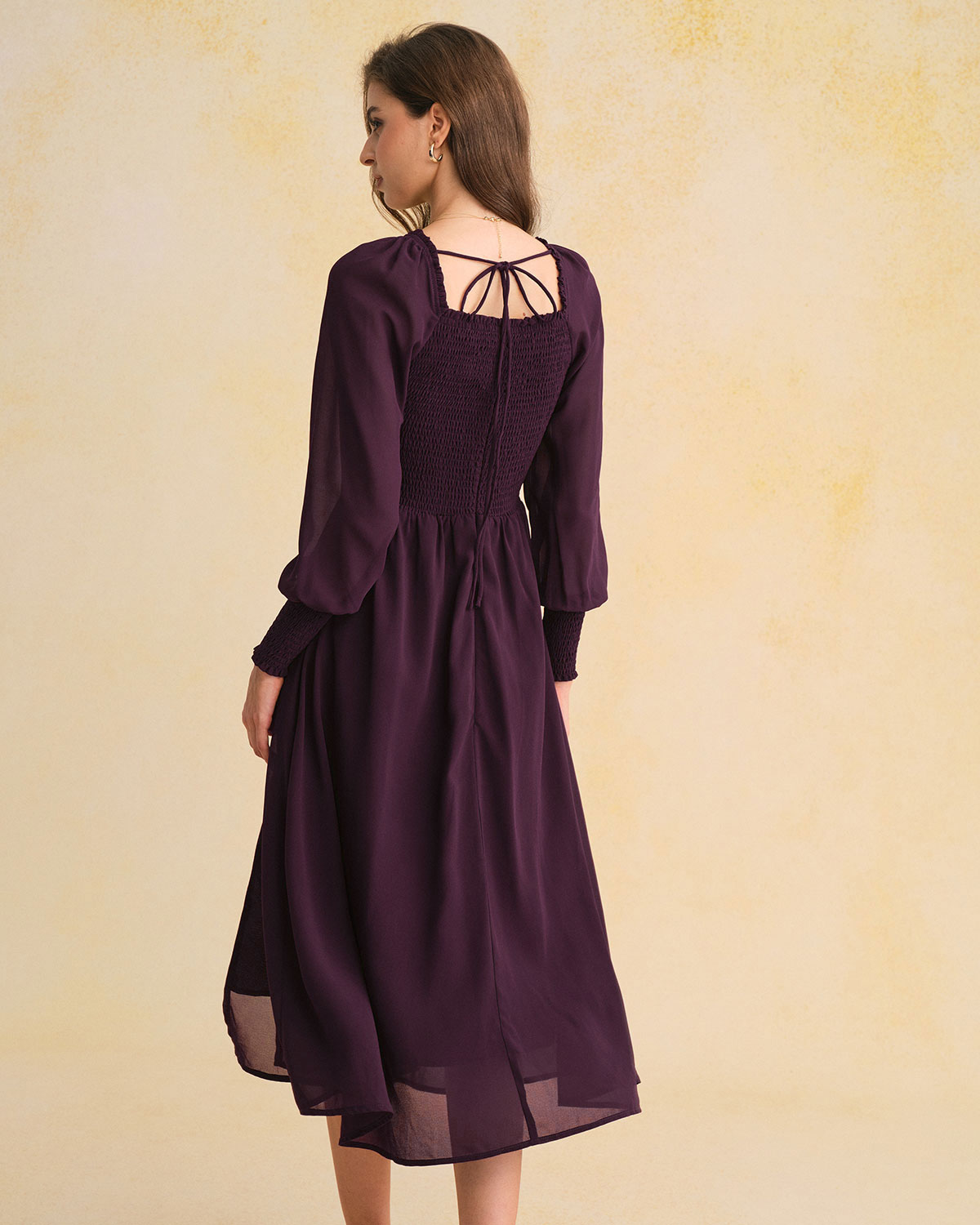 Purple Chiffon Shirred Lantern Sleeve Midi Dress