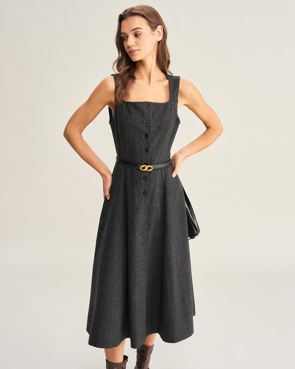 Grey Tweed Sleeveless Midi Dress
