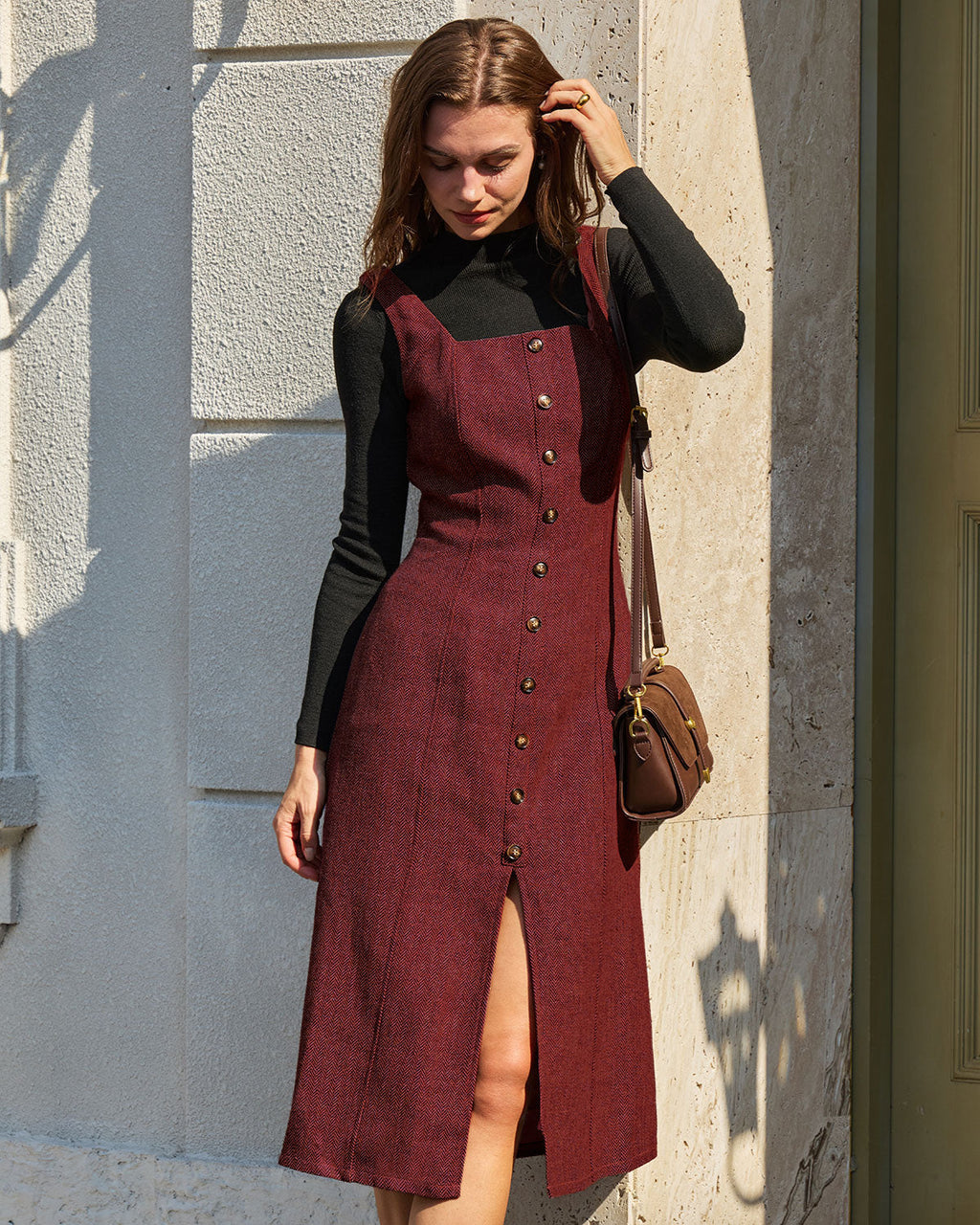 Red Sleeveless Slit Button Midi Dress
