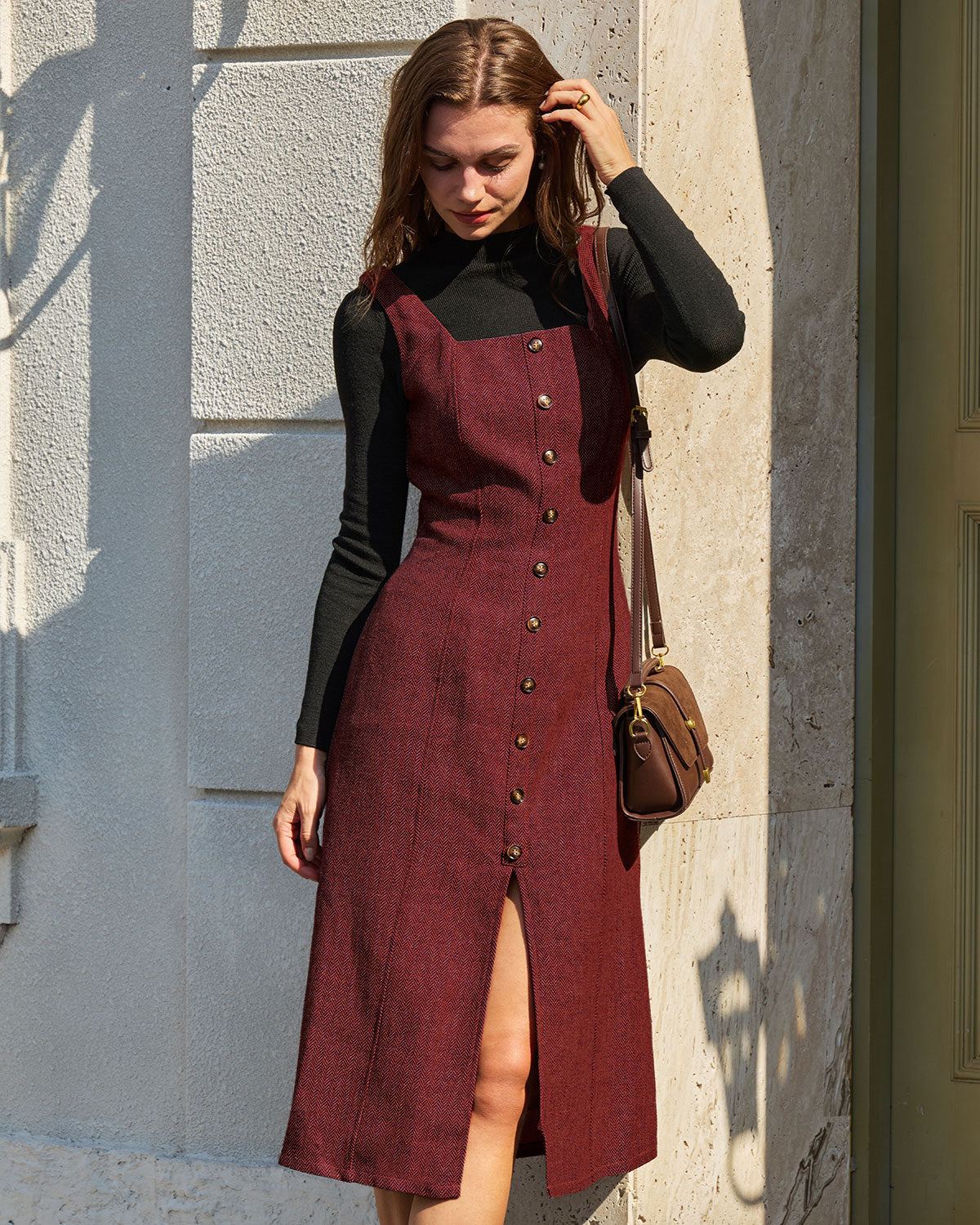 Red Sleeveless Slit Button Midi Dress