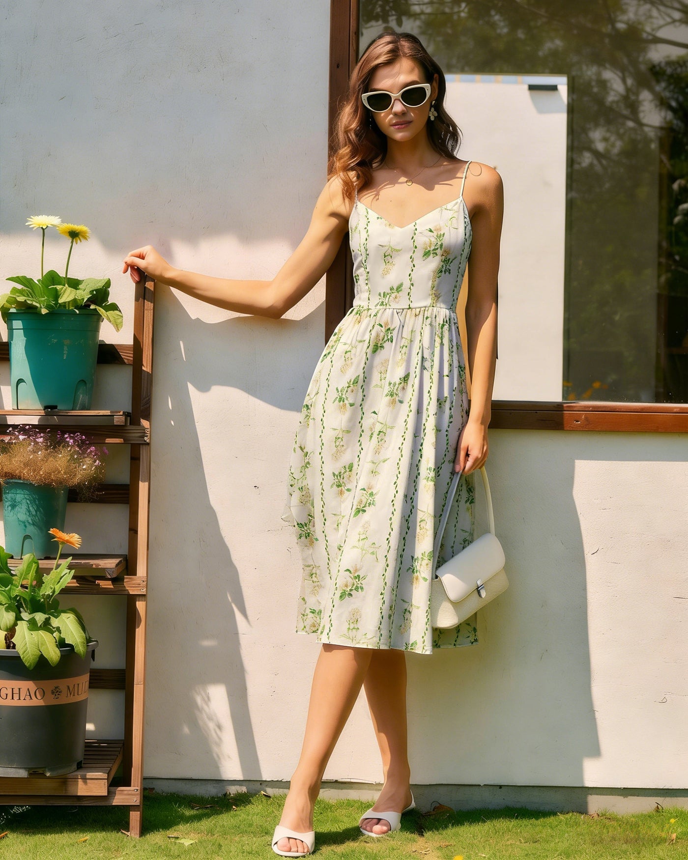 Apricot Floral Tie Strap Midi Dress