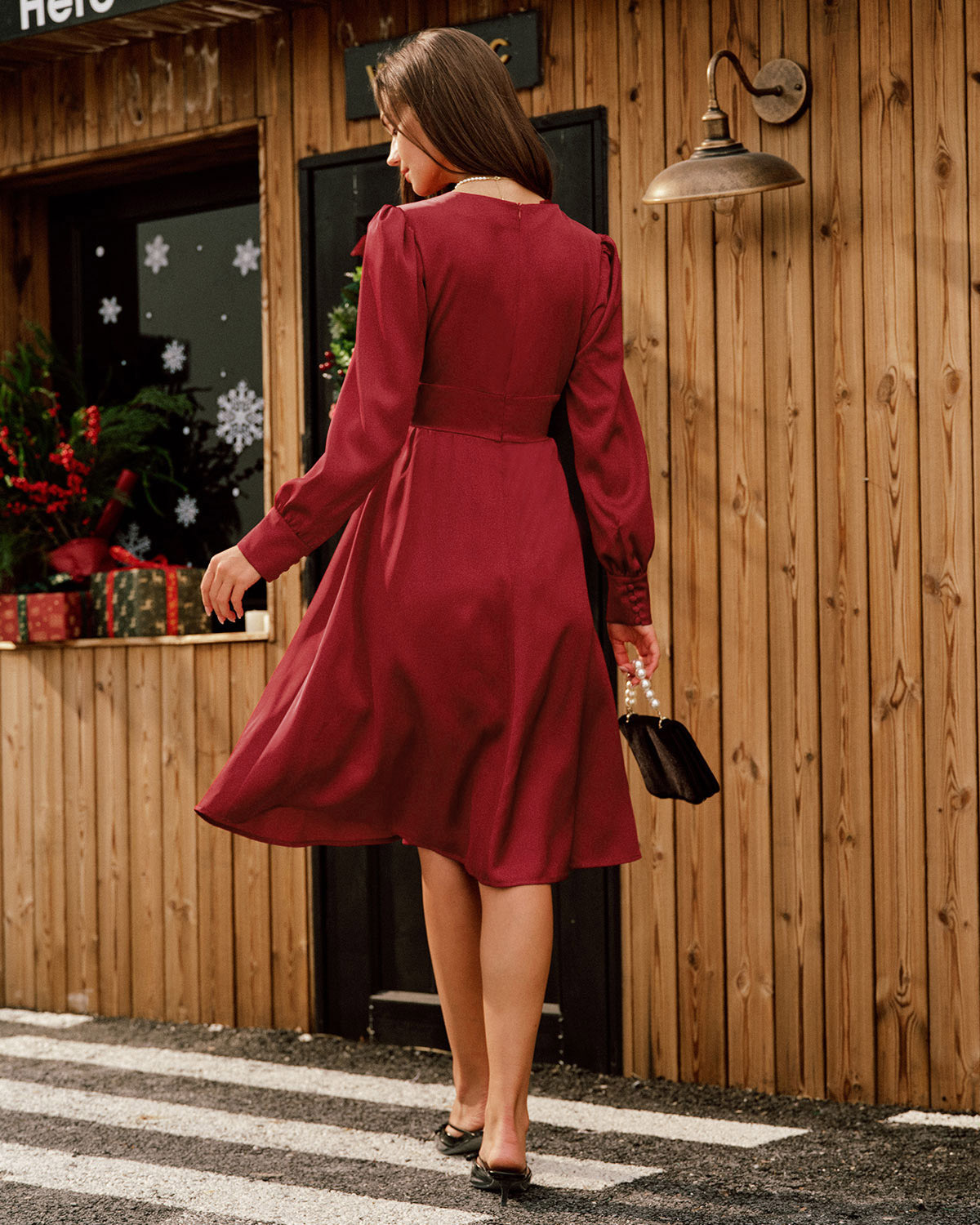 Wine Red Satin V Neck Midi Dress