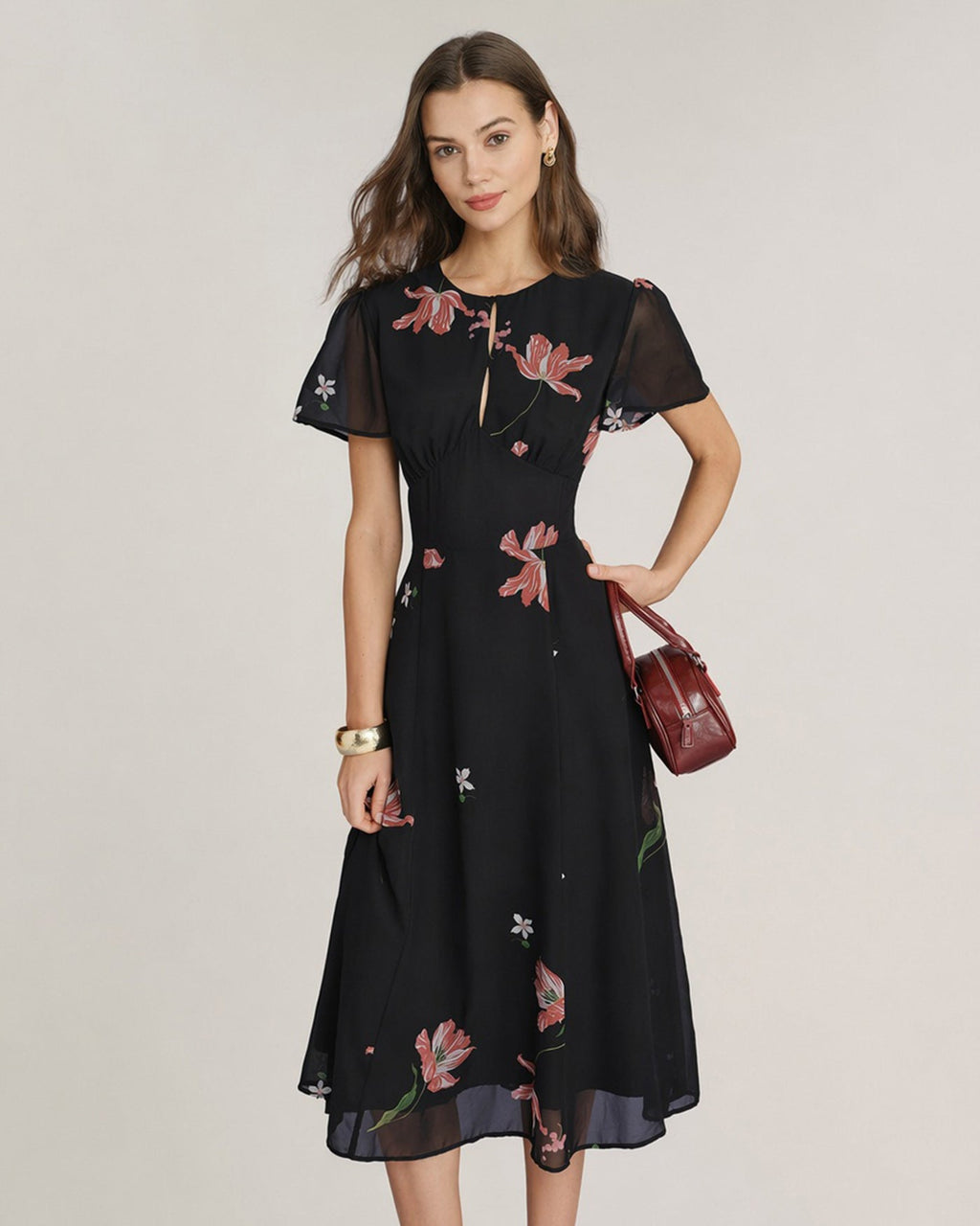Black Cut Out Floral Midi Dress