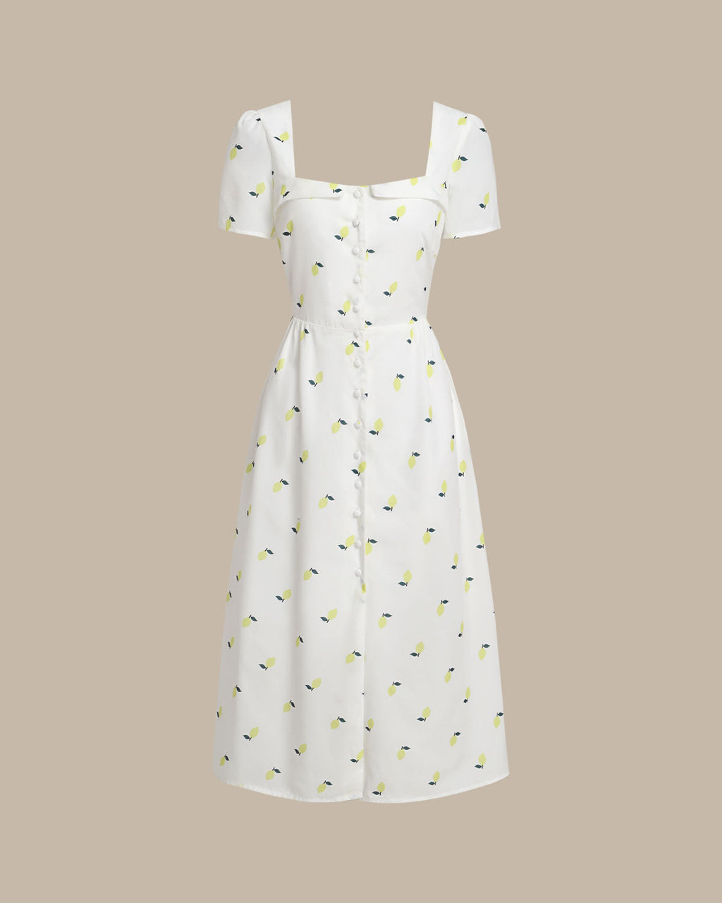 White Fruit Square Neck Midi Dress