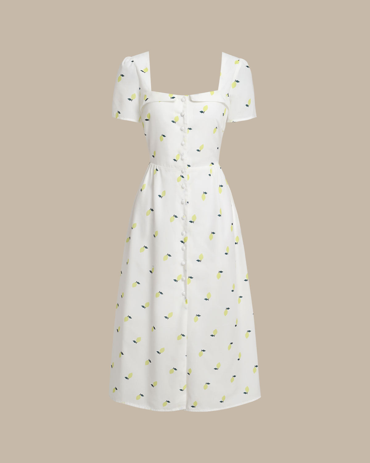 White Fruit Square Neck Midi Dress