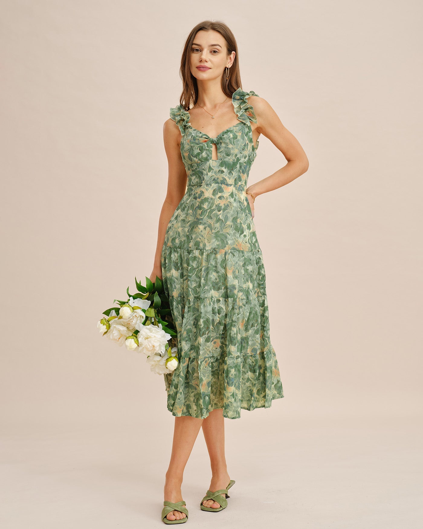 Green Shirred Sleeveless Midi Dress