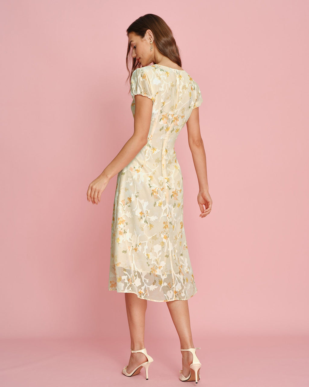 Yellow Puffed Sleeve Jacquard Midi Dress