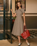 Brown Plaid Round Neck Midi Dress