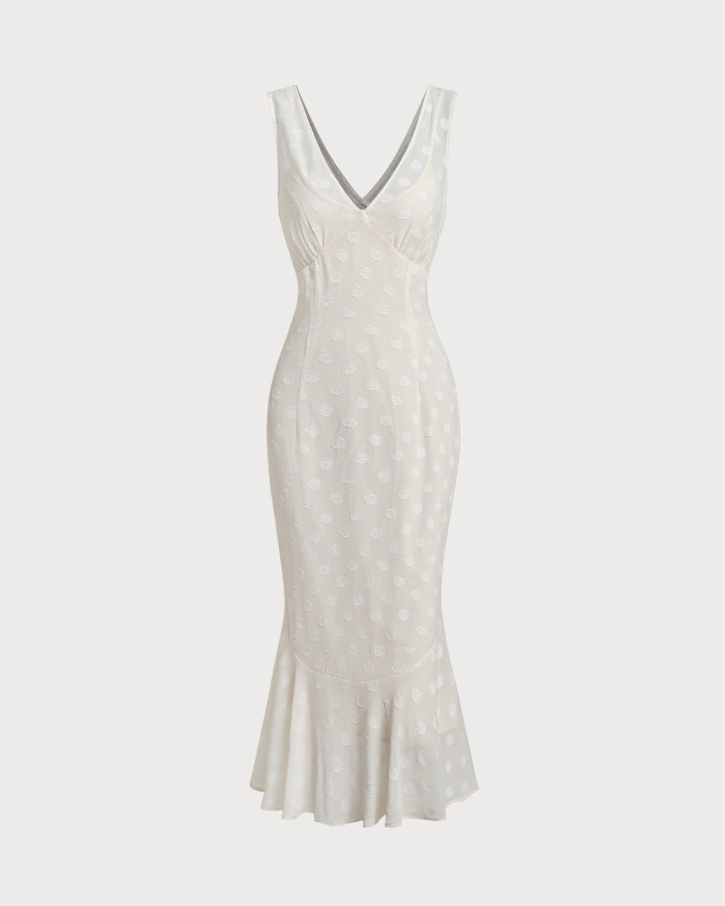 Beige Polka Dot V-Neck Midi Dress