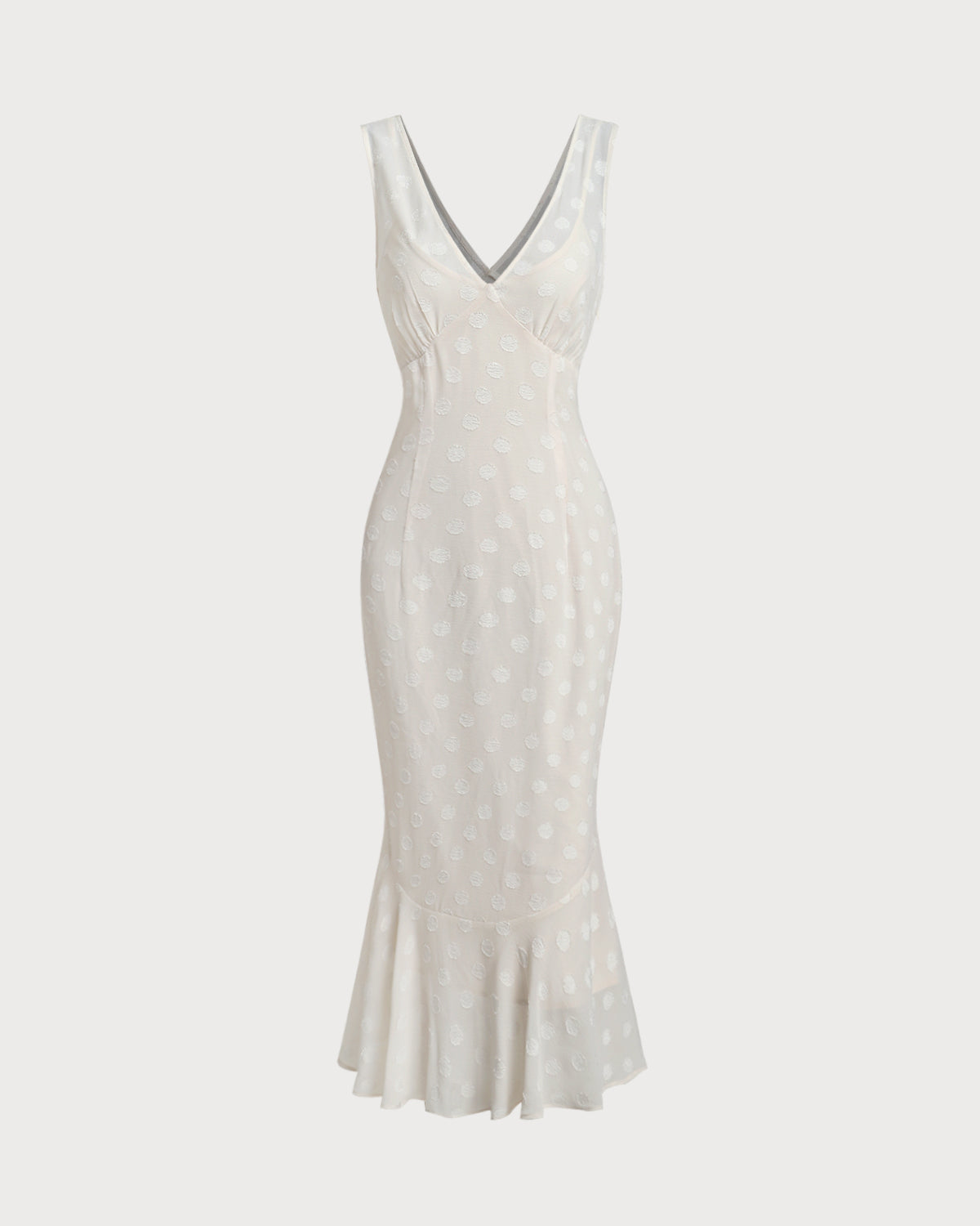 Beige Polka Dot V-Neck Midi Dress